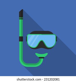 Flat scuba mask with long shadow. Vector icon, illustration. Modern design