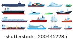 Flat sea boats. Cruise, cargo ship, yacht, sailboat, tugboat, motorboat, submarine, fishing boat. Ocean travel transportation vector set. Different private and industrial vessels isolated