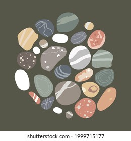 Flat sea colorful pebbles set. Small stones of different shapes and colors. Vector illustration collection.