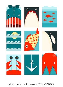 Flat Sea and Fish Rectangular Nautical Set. Marine design collection. Vector layered EPS8 illustration.