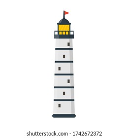 Flat sea light house icon. Vector logo marine beacon tower. Cartoon ocean searchlight object for web.