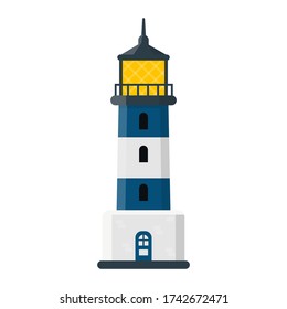 Flat sea light house icon. Vector logo marine beacon tower. Cartoon ocean searchlight object for web.