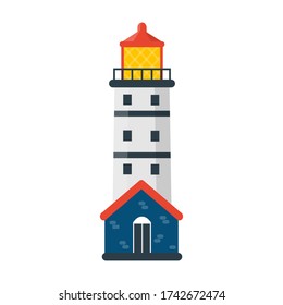 Flat sea light house icon. Vector logo marine beacon tower. Cartoon ocean searchlight object for web.
