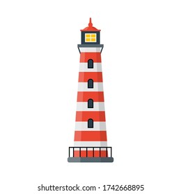 Flat sea lighthouse icon with red and white stripes. Vector logo marine beacon. Cartoon Light house object for web.