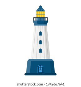 Flat sea lighthouse icon. Vector logo marine beacon. Cartoon Light house object for web.
