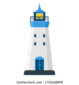 Flat sea lighthouse icon. Vector logo marine beacon. Cartoon searchlight object for web.