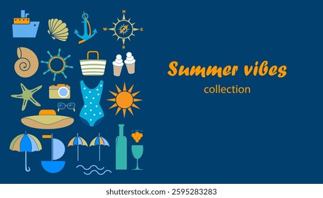 Flat sea, ocean, sun, seashell and palm design elements, summer vibes, minimalist abstract design. Vector art, icons and symbols.