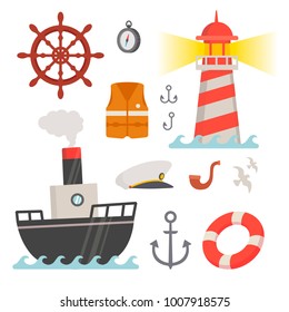 Flat sea, sailor icons set. Vector illustrations