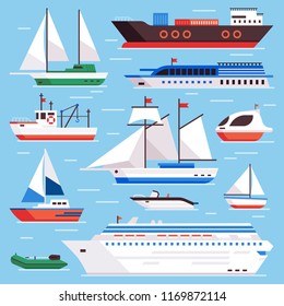 Flat sea ships. Marine shipping sailing boat, ocean cruise liner and icebreaker ship, sailboat yacht steamer and fishing boats on water harbor vector isolated sign set