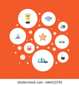 Flat Sea Star, Car, Cocos And Other Vector Elements. Set Of Sunlight Flat Symbols Also Includes Crab, Coconut, Sail Objects.