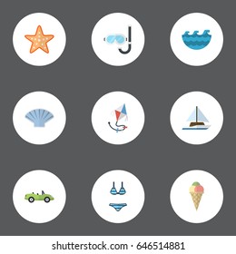 Flat Sea Star, Sorbet, Fly And Other Vector Elements. Set Of Summer Flat Symbols Also Includes Sail, Yacht, Mask Objects.