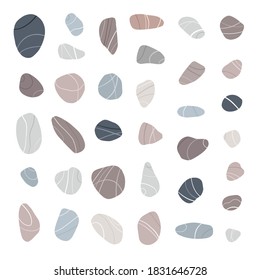 Flat sea stones collection. Pebbles of different shapes and colors set