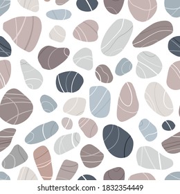 Flat sea stones seamless pattern. Pebbles of different shapes and colors set