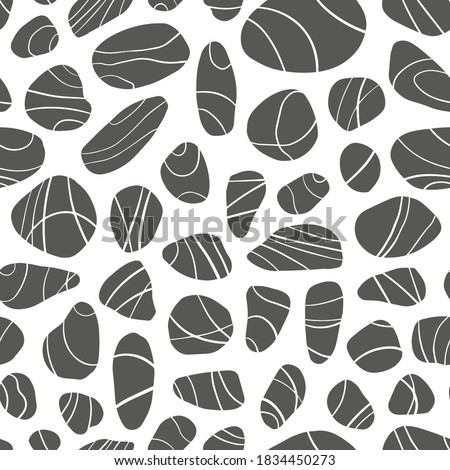 Flat sea stones seamless pattern. Pebbles of different shapes and colors set