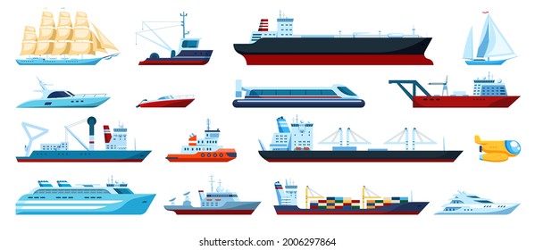 Transporte marítimo plano. Botes de velocidad, yates, cruceros, barcos de pesca, submarinos. Barco de carga con contenedores de envío. Conjunto de vectores de transporte marítimo. Grandes buques oceánicos para el transporte