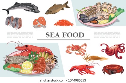 Flat seafood colorful composition with lobster crayfish squid octopus fish caviar mussels oysters scallops sturgeon zander trout meat vector illustration