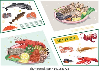 Flat seafood colorful composition with sturgeon carp herring salmon meat caviar octopus squid crab lobster mussels oysters prawns shrimps scallops vector illustration