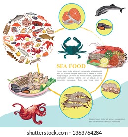Flat seafood colorful template with marine animals creatures mussels scallops different fishes meat fruits spices vector illustration