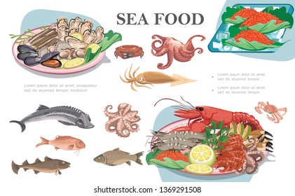 Flat seafood composition with octopus squid fish shrimps lobster mussels scallops oysters caviar and plates of sea food vector illustration
