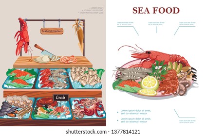 Flat seafood market concept with plate of sea food lobster squid caviar prawns shrimps mussels oysters crab scallops octopus on counter vector illustration