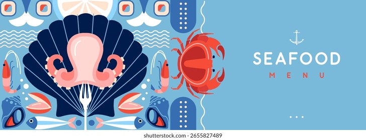 Flaches Plakat oder Banner mit Krabben, Fischen, Tintenfischen, Jakobsmuscheln und Garnelen. Restaurant Meeresfrüchte-Menü-Design. Vektorgrafik