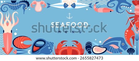 Flat seafood poster or banner with crab, fish, shrimp, oysters, octopus and lobster. Restaurant seafood menu design. Vector illustration