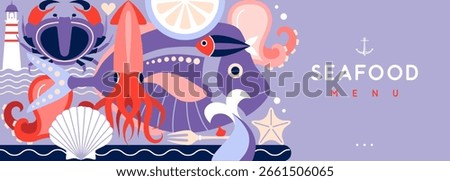 Flat seafood poster or banner with crab, fish, octopus, scallop and lighthouse. Restaurant seafood menu design. Vector illustration