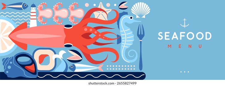 Flat seafood poster or banner with sea horse, fish, octopus, scallop and lighthouse. Restaurant seafood menu design. Vector illustration