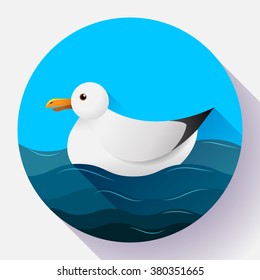 Flat seagull character icon on blue sea background.