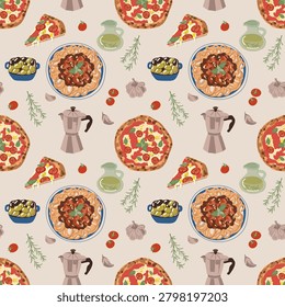 A flat seamless Amalfi Coast kitchen pattern. Features pizza, pasta, moka coffee pot, rosemary, garlic, cherry tomatoes, and olives.