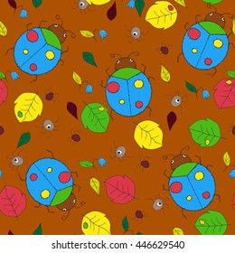 flat seamless autumn pattern with insects, leaves and flowers on light brown background