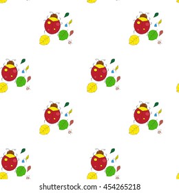 flat seamless autumn pattern with ladybug, leaves and flowers on white background