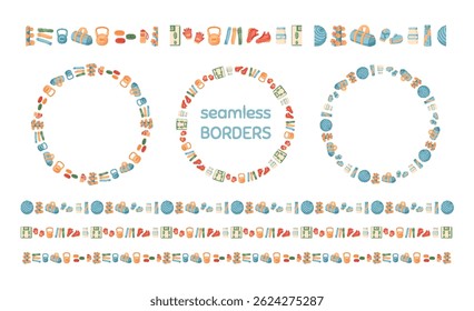 Flat seamless border of sport equipment pattern. Gym accessories and fitness tools form a colorful pattern. Workout items create a dynamic frame, perfect for banner design or background.