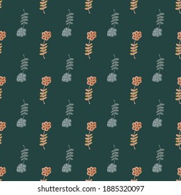 Flat seamless botanic pattern with hand drawn flowers silhouettes. Green background. Stock illustration. Vector design for textile, fabric, giftwrap, wallpapers.
