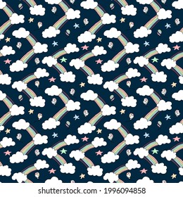 Flat seamless cartoon clouds and rainbow, Vector pattern drawing design for gift wrapping paper, decoration background. 