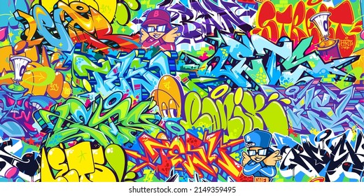 Flat Seamless Colorful Modern Abstract Urban Style Hiphop Graffiti Street Art Pattern. Vector Illustration Background Template