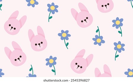 Flat seamless cute bunny animal pattern in pink background