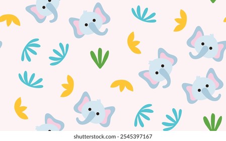 Flat seamless cute elephant animal pattern in pink background