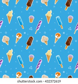 Flat seamless delicious ice cream pattern, with popsicles, sherbet, vanilla cone, ice pop etc. on a blue background. Vector seamless background