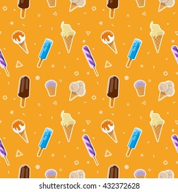 Flat seamless delicious ice cream pattern, with popsicles, sherbet, vanilla cone, ice pop etc. on orange background. Vector seamless background