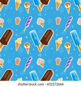 Flat seamless delicious ice cream pattern, with popsicles, sherbet, vanilla cone, ice pop etc. on a blue background. Vector seamless background