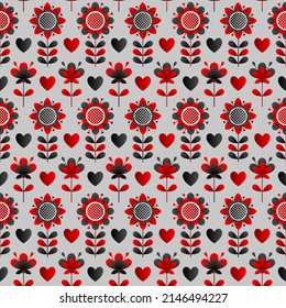 Flat seamless pattern based on Ukrainian embroidery on gray background. Vector stylized ornament in Ukrainian style.