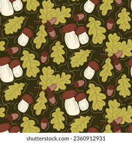 Flat seamless pattern with boletus and oak tree on darl green background. Flat hand drawn oak leaves and acorns. Botany cartoon design for textile, decoration, wrapping paper, banner, social media