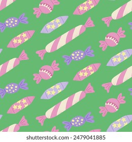 Flat seamless pattern with candies in childish style and in candy colors. Vector holiday illustration for party, celebration on green background. Perfect for wrapping, wallpaper, kids textile