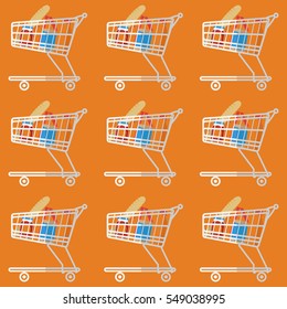 flat seamless pattern the cart of supermarket with food ,white