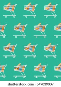 flat seamless pattern the cart of supermarket with food ,white