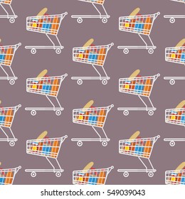 flat seamless pattern the cart of supermarket with food ,white