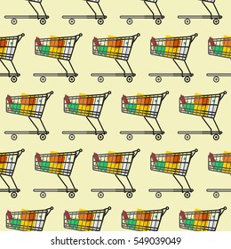 flat seamless pattern the cart of supermarket with food ,black