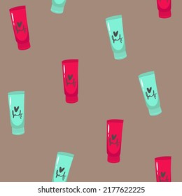 Flat seamless pattern cartoon of cream tubes with hand cream, , cosmetic bottles, cosmetic dispensers and jars on pink 