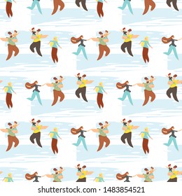 Flat Seamless Pattern Cartoon Happy Craft Family. Endless Rustic Wallpaper with parents and Children in Traditional Farmers Clothes. Woman and Man with Boy in Hands. Vector Repeated Illustration